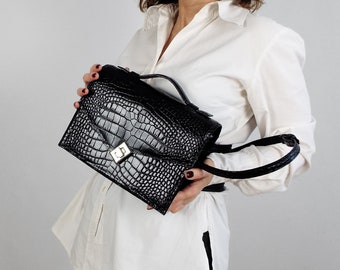 Leather black messenger bag. Small leather croco pattern cross body bag. Luxury leather purse. Leather top handle purse.