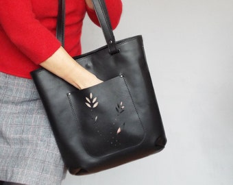 Black leather tote bag. Genuine leather woman shoulder purse hand cut design. Carry-all leather tote.