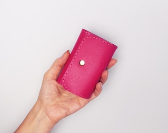 Fuchsia Leather Key Wallet, Bright Pink Key Holder for 6 Keys