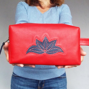 Kosmetiktasche Leder. Rote Leder Kulturbeutel. Leder-Reise-Etui. Kosmetik, Organizer. Make-up Tasche Leder.