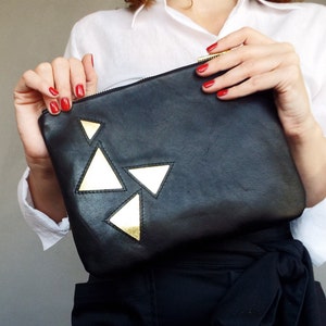 Black leather clutch. Applique black gold clutch bag. Black leather evening clutch. image 3