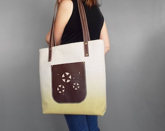 Canvas leather bag. Canvas leather tote. Tote bag canvas. Tote bag ombre. Tote canvas leather. Summer bag.