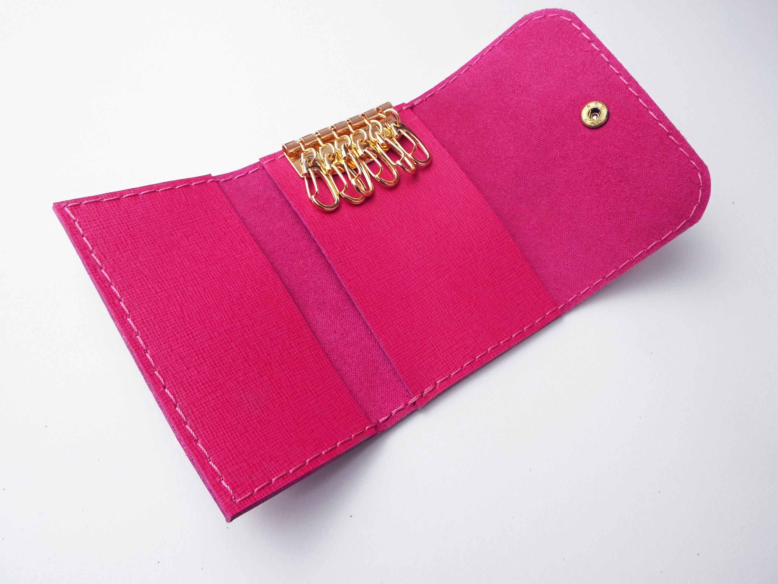 Fuchsia Leather Key Wallet, Bright Pink Key Holder for 6 Keys - Etsy