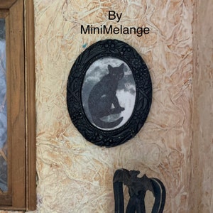 Dollhouse Black Cat Framed Picture in One Inch Scale