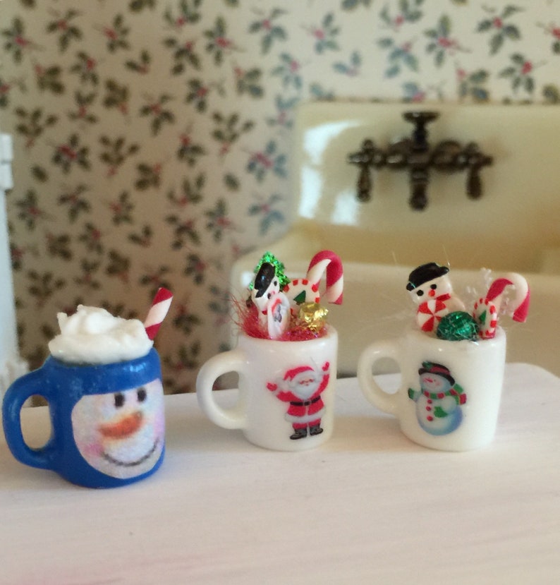 Snowman Cups Ceramic Dollhouse Miniatures Tableware Room Christmas Festive Decor