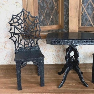 Glitter Painted Victorian Style Table with Choice of a Spider Web Chair For a One Inch Scale Halloween Scene or Haunted Dollhouse