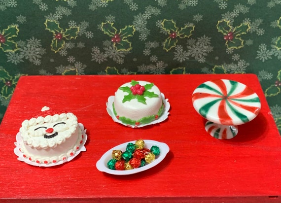 Dollhouse Choice of a Santa or Holly Cake,Pedestal Cake Plate, or Dish of Candy available in the Drop Down Menu