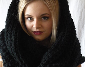 Long Oversized Chunky Snood Knit Infinity Scarf Black Cowl