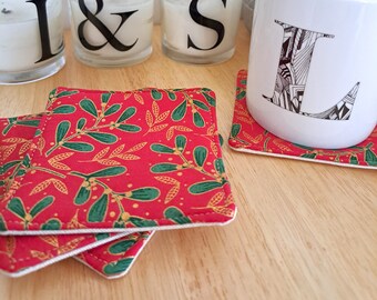 Christmas Mistletoe Fabric Coasters: Holiday Drink Coasters, Set of 4