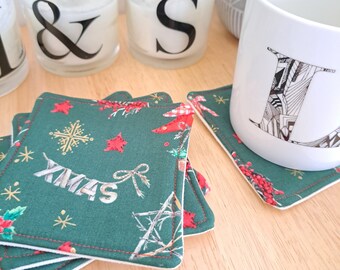 Christmas Fabric Coasters: Green Holiday Decor, Set of 4