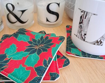 Christmas Poinsettia Fabric Coasters, Holiday Drink Coasters, Set of 4