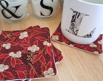 Christmas Mistletoe Fabric Coasters: Red, Gold, Cream - Set of 4