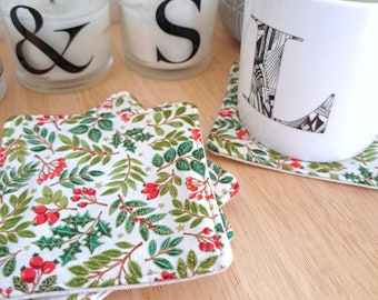 Christmas Holly Coasters: Set of 4 Fabric Holiday Coasters