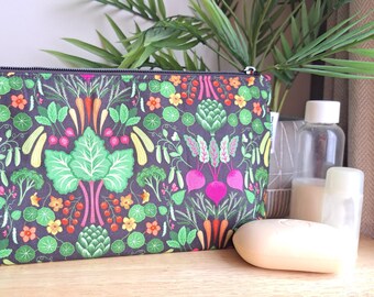 Handmade vegetable design fabric Makeup/toiletry Bag, Grey, Pink and green