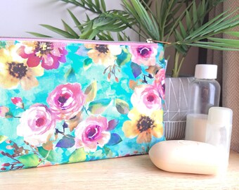 Handmade watercolour style rose/floral design fabric makeup/toiletry bag, Blue pink & yellow