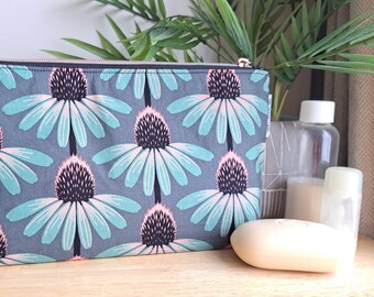 Handmade Echinacea flower design fabric makeup/toiletry bag, Grey, mint and pink
