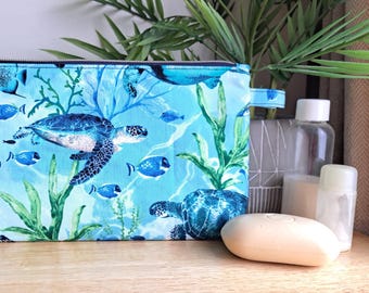 Handmade under-the-sea sea turtle fabric makeup/toiletry bag, Blue and green