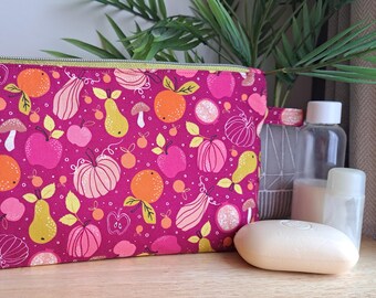 Handmade autumnal fruit & vegetable fabric Makeup/toiletry Bag, Pink and green
