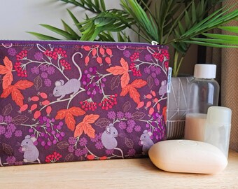 Handmade autumnal mouse and berry design fabric makeup/toiletry bag, Purple, pink and orange