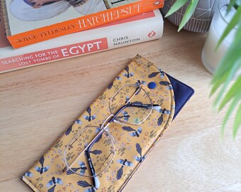 Handmade Padded Glasses Case: Yellow Magpie design fabric with Popper