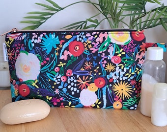 Handmade Abstract Floral Makeup Bag, Rose Gold Zip (10.5" x 6")