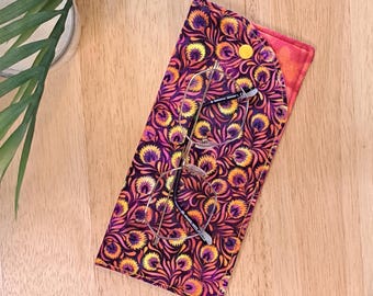 Handmade Padded Glasses Case: Purple Feather Fabric with Popper