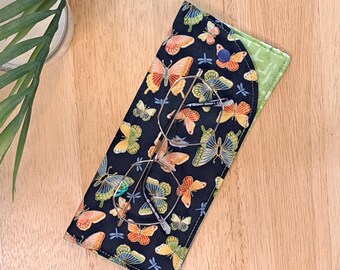 Handmade Padded Glasses Case: Navy Butterfly Fabric with Popper