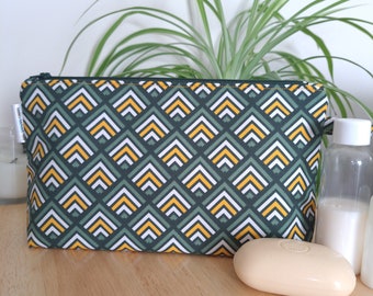 Handmade Green Geometric Makeup Bag, Cotton Toiletry Washbag
