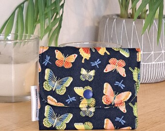 Handmade Fabric Coin Purse: Navy Butterfly Design, Green Lining with Internal Zip pocket