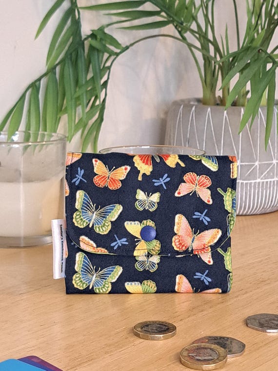 Handmade Fabric Coin Purse: Navy Butterfly Design, Green Lining with Internal Zip pocket