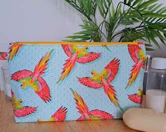 Tula Pink Parrots Makeup Bag, Handmade Cotton Toiletry Bag