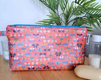 Handmade Waterproof Makeup Bag, Red Butterfly Print, Travel Toiletry Bag