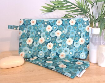 Handmade Teal Daisy Cosmetic Bag Set: Floral Toiletry Pouch