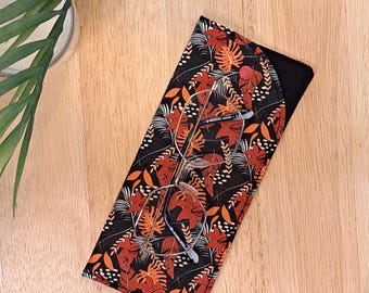 Handmade Padded Glasses Case: Black, Red, Orange Leaf Fabric with popper