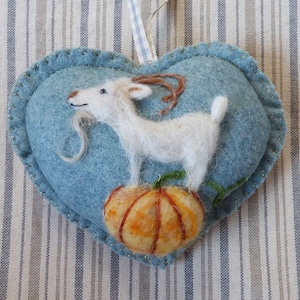 Needle felted Goat and pumpkin personalised heart / customized gift Summer or Winter designs