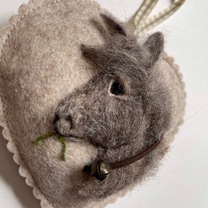 Heart hanging decoration, needle felted donkey on a heart ornament, personalised and with notlet pocket, mini tooth pillow