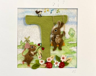 Personalised LETTER needle felt wall art, name picture- mounted on board