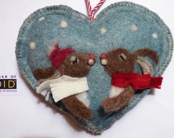 Needle felted love rabbits on a heart -felted heart gift, scented and personalised