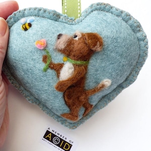 Needle felted dog with a flower talking to bee, felted heart -felted heart gift, scented / personalised -