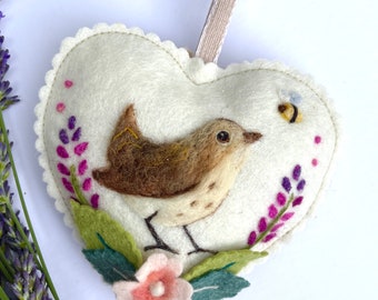Flower and wren decorative felt heart - handmade and can be personalised