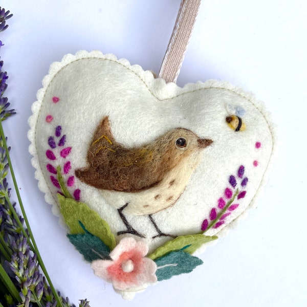 Flower and wren decorative felt heart - handmade and can be personalised