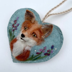 Needle felt Fox heart decoration - needle felt sculpture with hanging ribbon, scented with lavender or rose petals - custom named ornament