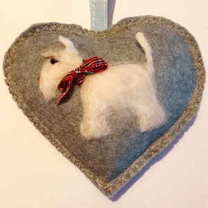 Scottie dog felted sculpture heart ornament,  Spice Heart hanging ornament, needle felted scottie dog hanging decorations,tree decoration