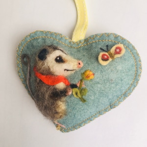 Opossum needle felted decorative heart personalised spring decoration