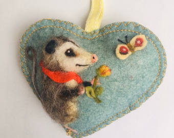 Opossum needle felted decorative heart personalised spring decoration