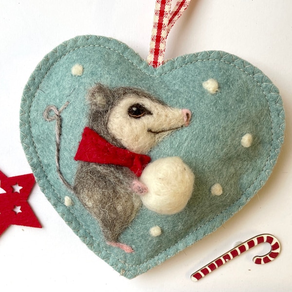 Needle Felted Opossum Christmas Ornament: Winter Spice Scented Folk Art