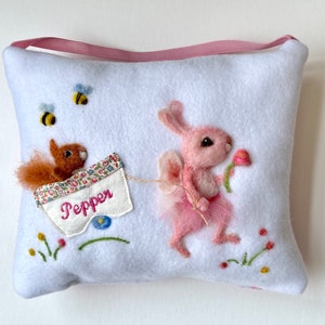 Pink Rabbit custom tooth fairy pillow, Christening pillow, personalized girls tooth pillow. Felted rabbit. Baby gift