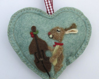 Personalised Heart hanging decoration, needle felted musical bunny on a scented heart, personalised for Easter  Valentine  Birthday wishes