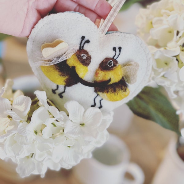 Bee Loved Bees Wedding heart with needle felted bees or pets of your choice - oak wedding gift for bride and groom personalised