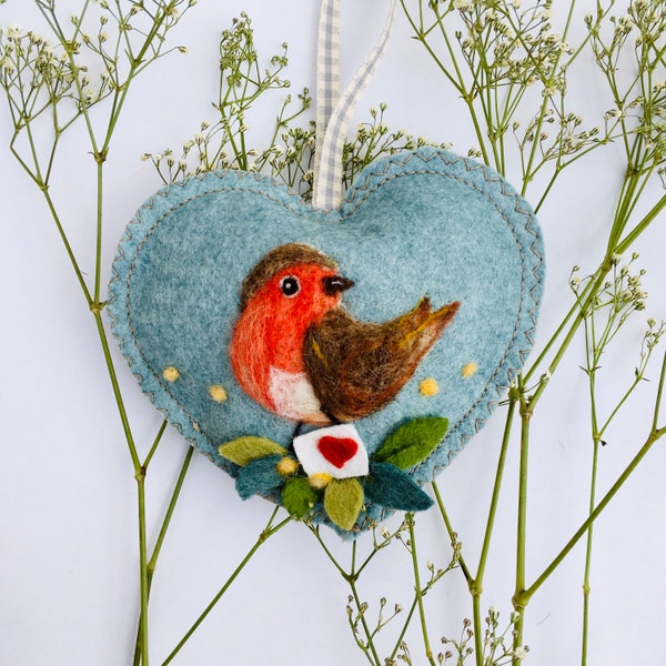 Felt  Robin with love letter ornament, valentine gift, personalised valentine